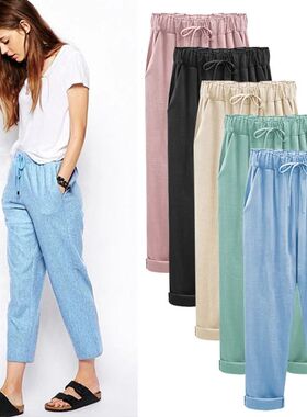 女士 薄款大码松紧腰九分裤Slim plus-size elastic-waist niners