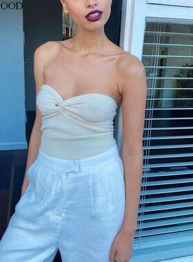 Solid cross-knit cropped bandeau vest 交叉针织短款抹胸背心女