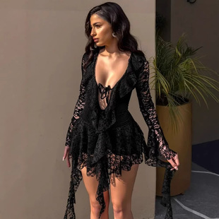 女士性感绑绳蕾丝长袖显瘦连衣裙Lace Tie Up Flare Sleeve Dress