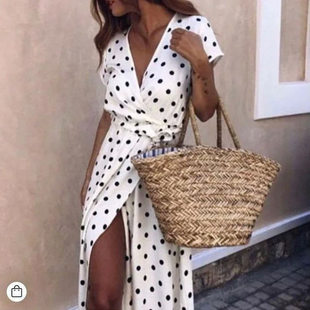 欧美风低胸短袖连衣裙Summer V-Neck Polka Dot Dress For Women
