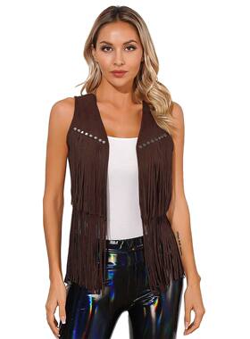 欧美风女士流苏无扣马甲Women Faux Suede Tassel Cardigan Vest