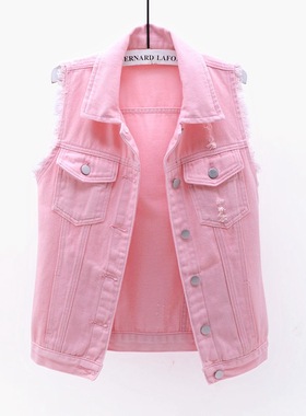 Pink washed fringed pocket denim vest粉色水洗毛边 牛仔马甲女