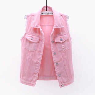 washed vest粉色水洗毛边 fringed denim 牛仔马甲女 pocket Pink