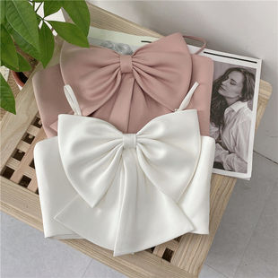 短款蝴蝶结抹胸吊带背心 Solid color bow bandeau camisole vest