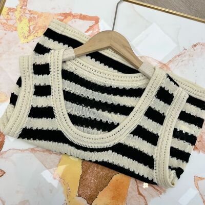 镂空设计条纹针织工字背心