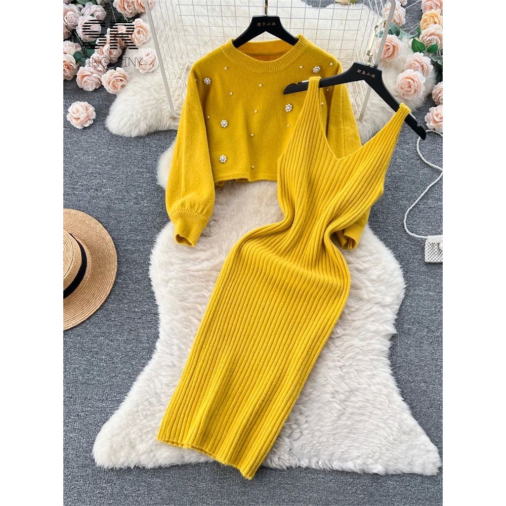 Crew-neck studded beaded short sweater waistline dress set