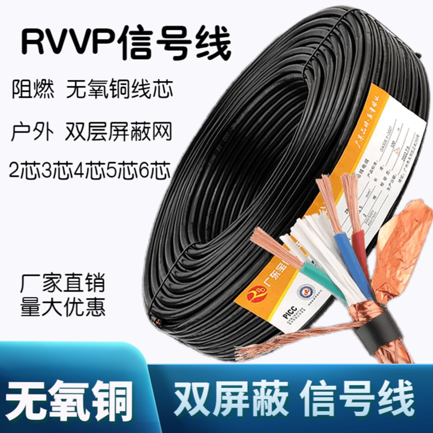 无氧铜阻燃RVVP屏蔽线信号线2芯3芯4芯5芯6芯0.5/0.75/1/1.5平方