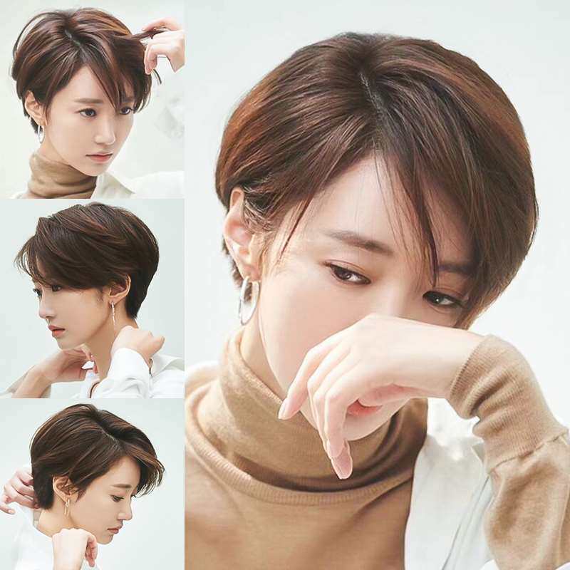 假发女短发自然真发全真人发2021年新款时尚全头套中分发型假发套