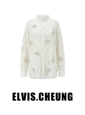 ELVIS.CHEUNG26春夏繁花绣珠蕾丝中式立领衬衫女长袖白色复古上衣