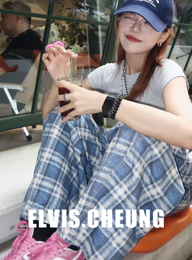 ELVIS.CHEUNG25春夏上新蓝白肌理印花牛仔裤格子休闲裤女直筒长裤