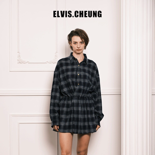 ELVIS.CHEUNG25秋冬格子大落肩中长款抽绳衬衫裙女小众高级感