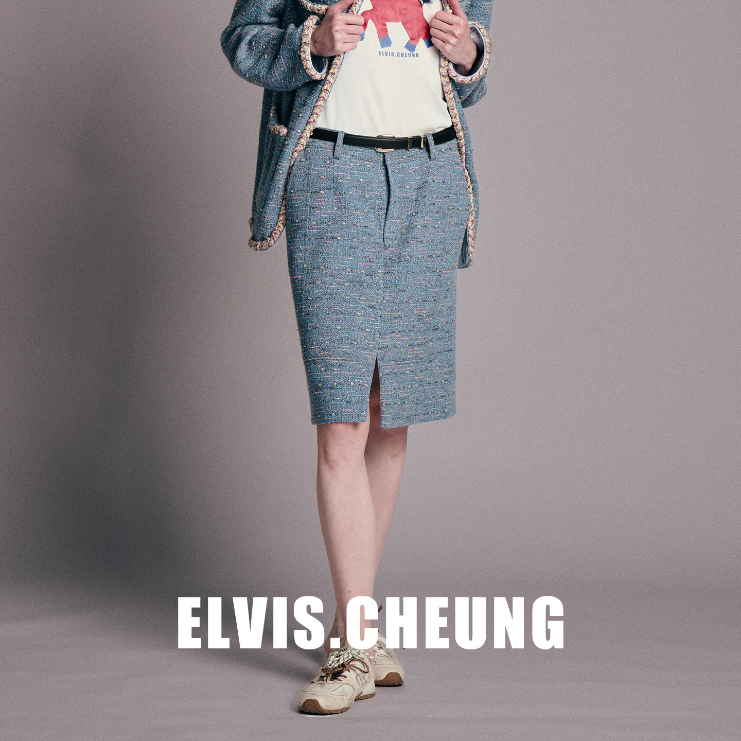 ELVIS.CHEUNG26早春进口小香风蓝色半身裙女中长款开叉高级感显瘦