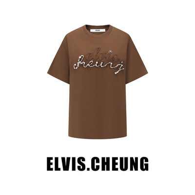 ELVIS.CHEUNG25秋冬珍珠造型复古LOGOT恤短袖女圆领简约休闲上衣
