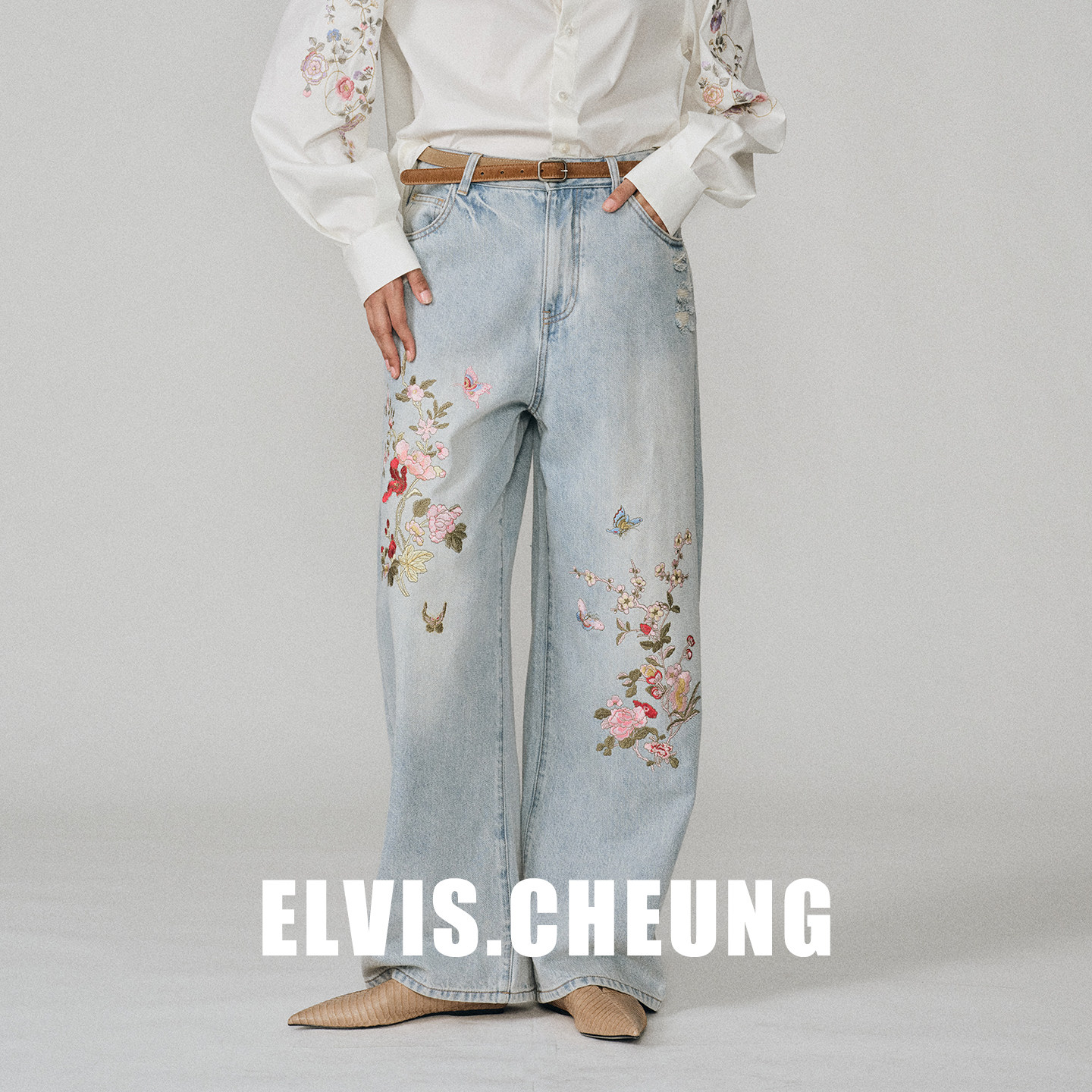 ELVIS.CHEUNG26秋冬高级感刺绣花牛仔裤女复古阔腿裤显瘦直筒长裤