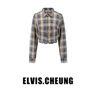 ELVIS.CHEUNG25春夏小翻领下摆蕾丝格纹衬衫女宽松慵懒短款复古