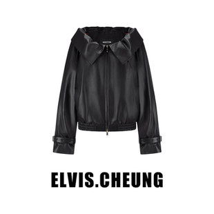 ELVIS.CHEUNG25秋冬荷叶波浪领皮衣短外套女高级感显瘦百搭气质