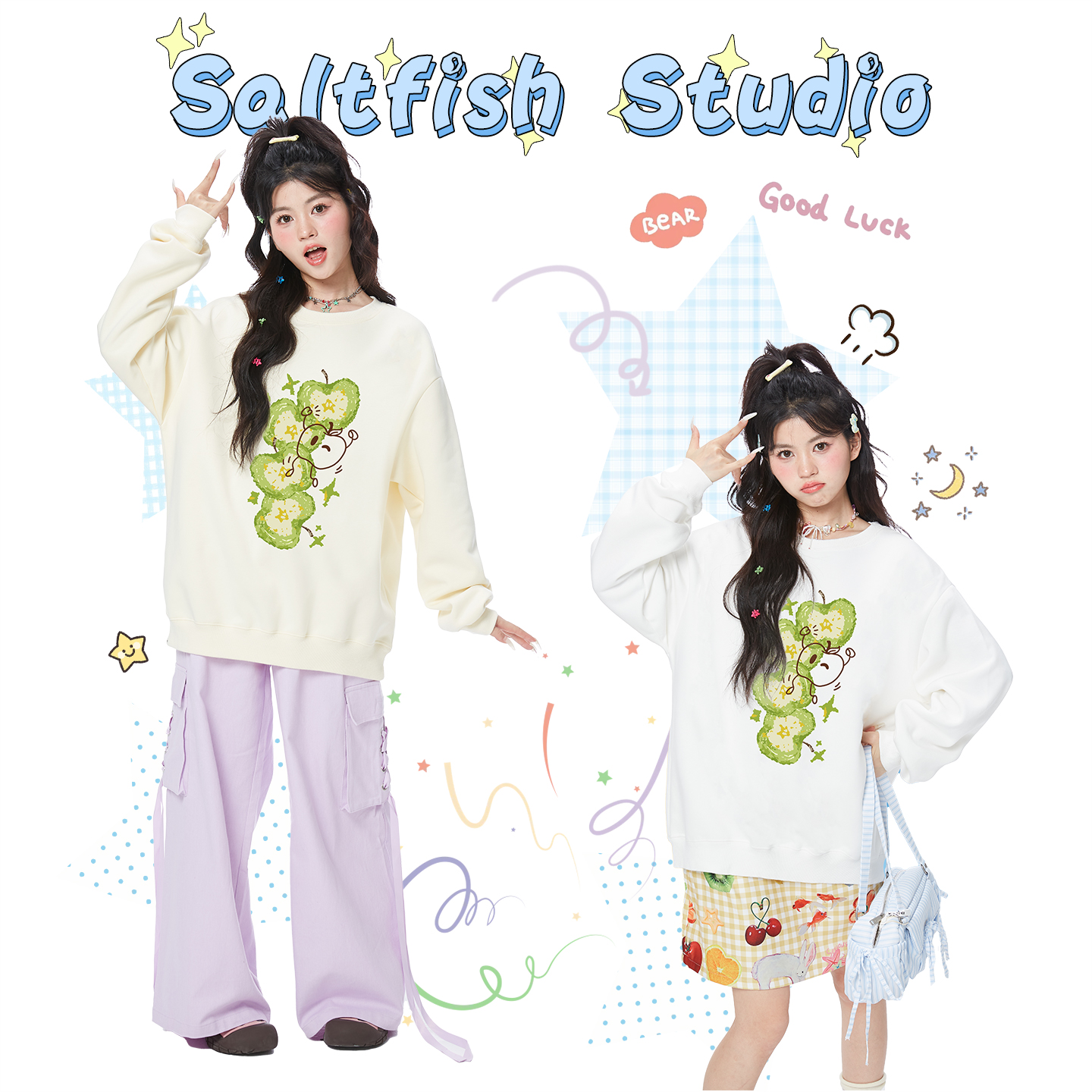 SALT新款创意青苹果套头卫衣女2025秋季韩系小众复古圆领罩衫外套