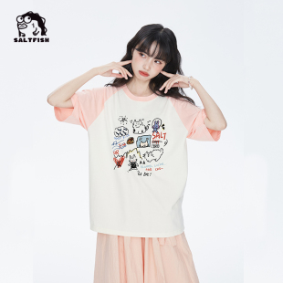 新款 男女2025夏季 彩色宽松重磅情侣T恤 卡通猫咪涂鸦插肩短袖 SALT