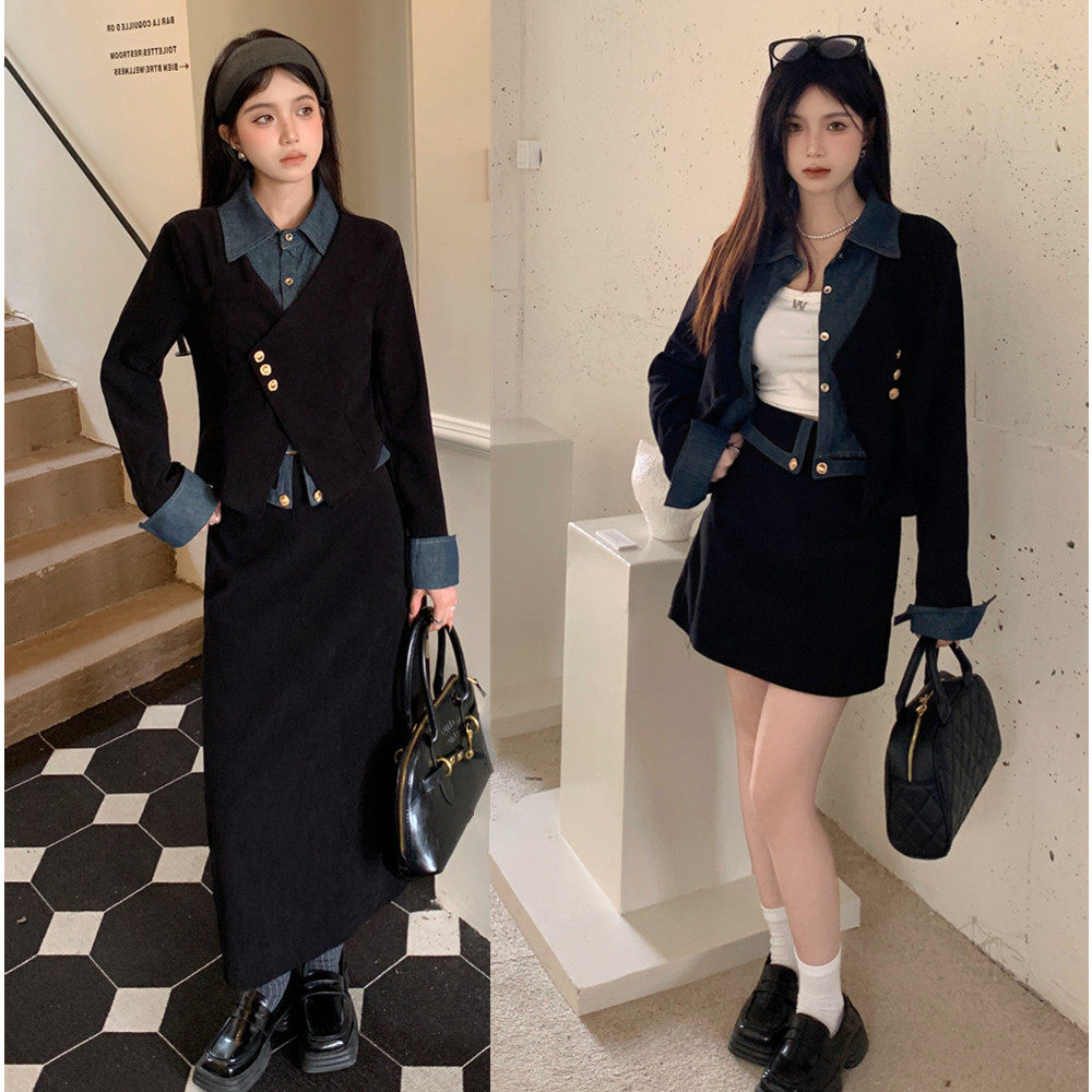 实拍大码女装秋冬新款赫本风显瘦两件套胖MM设计感上衣半身裙套装