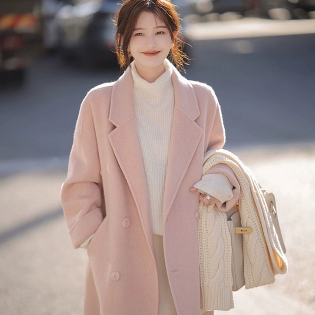 粉色毛呢外套女2024秋冬季新款呢子大衣赫本风小个子韩系冬天加厚