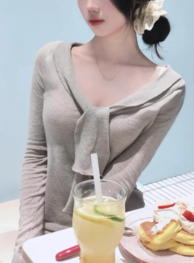 卡其色飘带v领针织衫女秋季修身显瘦打底衫纯色chic百搭长袖上衣