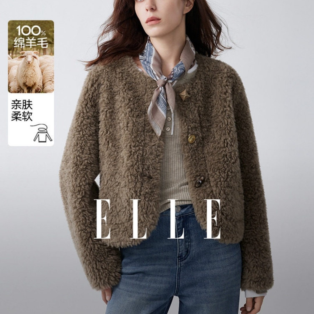 官图 实价 绵羊毛咖色复古毛绒短外套2025冬小香风羊羔毛上衣