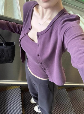 韩系辣妹紫色吊带背心开衫T恤小个子短款修身上衣两件套装女秋季