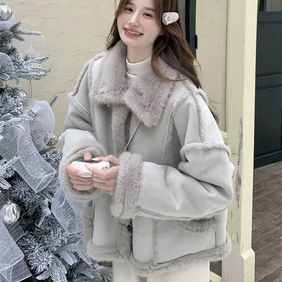 韩版高级感皮毛一体加厚外套女2025秋冬新款宽松小个子麂皮绒外套