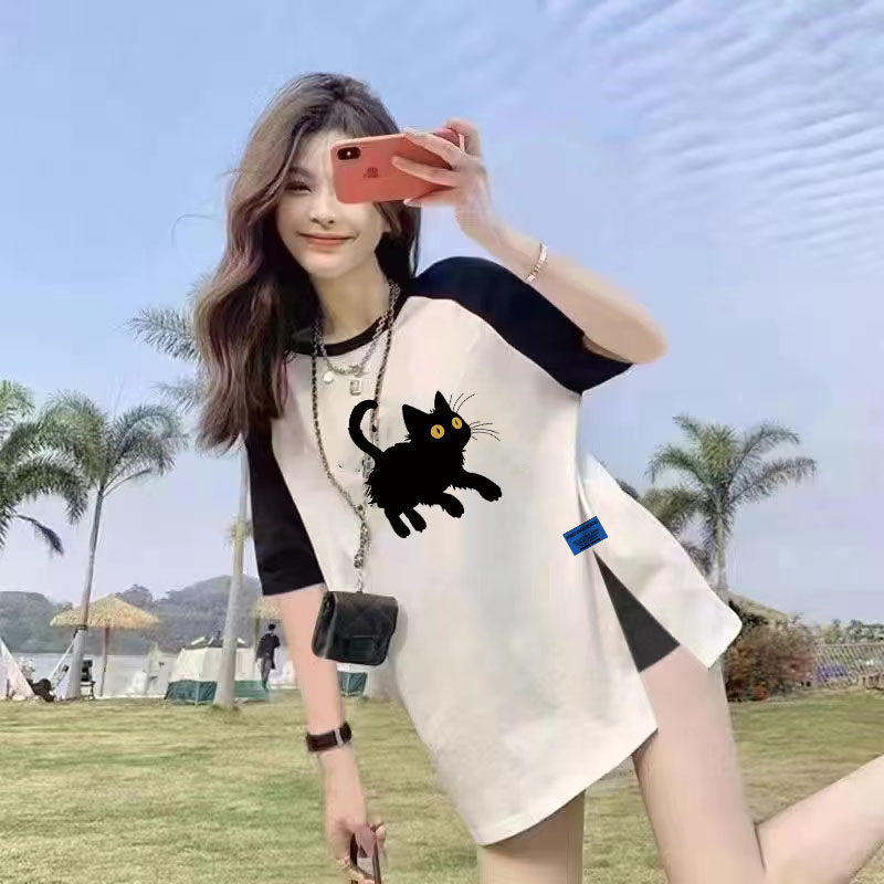 撞色插肩2025女夏季新款短袖T恤纯棉宽松中长版T恤上衣女ins开 叉