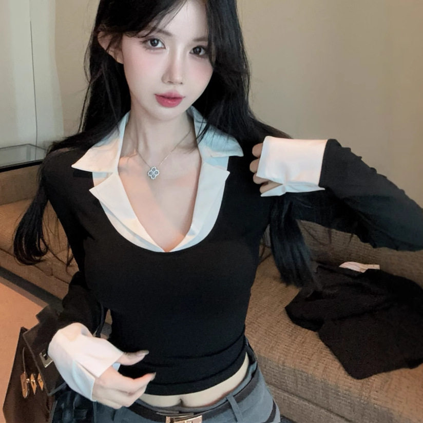 纯欲辣妹低胸v领上衣女撞色秋冬款polo领假两件长袖t恤打底衫内搭