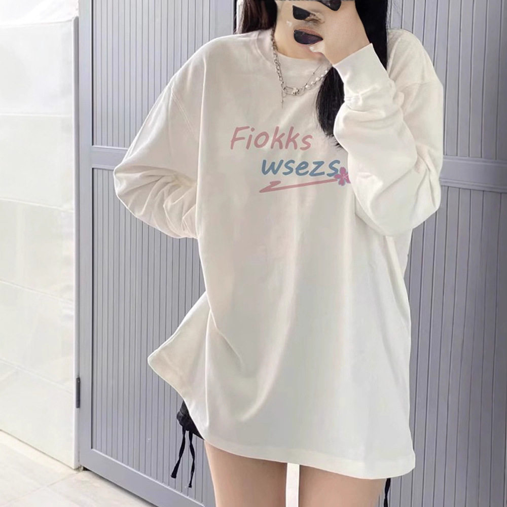 韩版ins时尚花朵长袖T恤女春季新款宽松圆领小个子网红字母打底衫