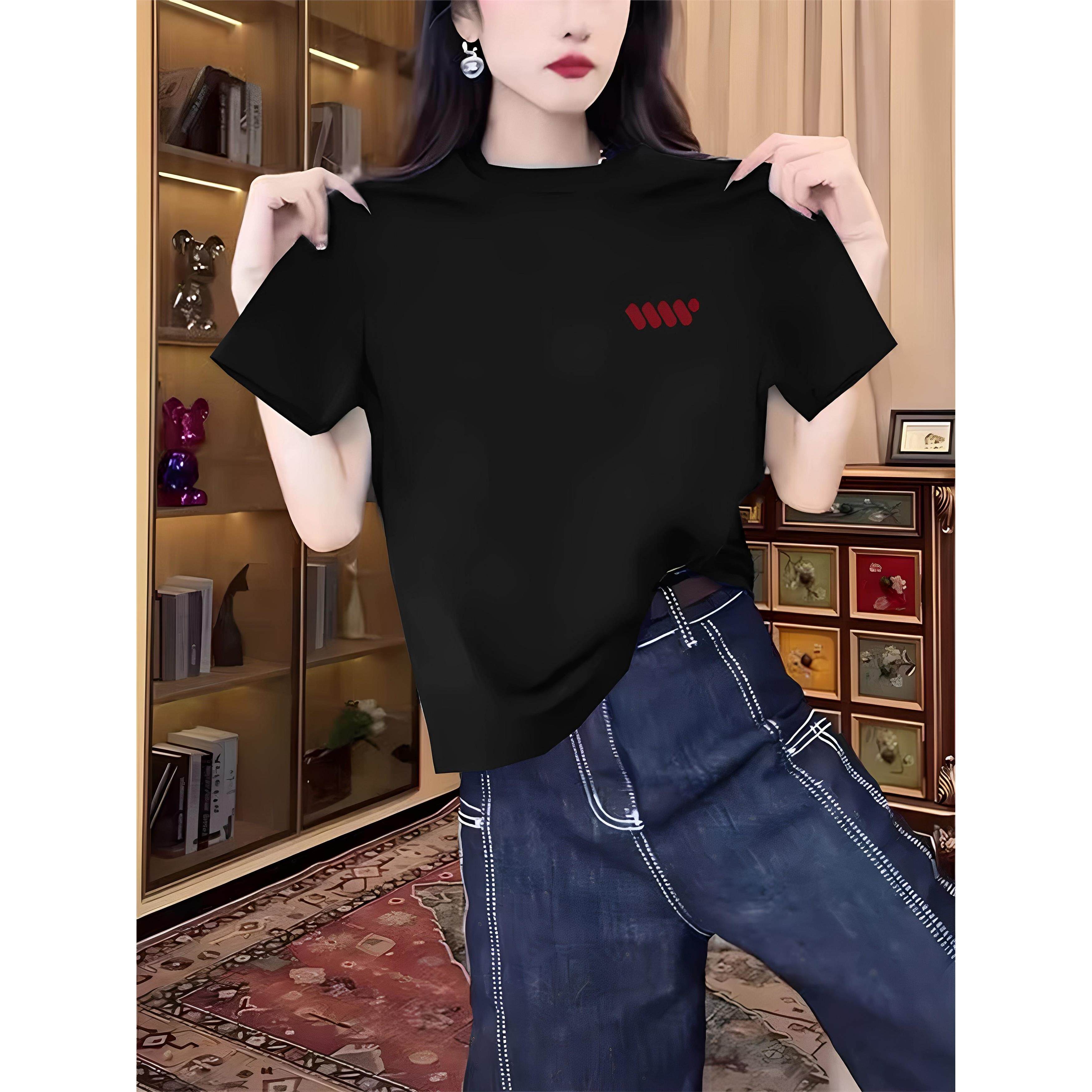 正肩纯棉夏季潮短袖t恤女时尚百搭洋气藏青色上衣打底衫2025新款