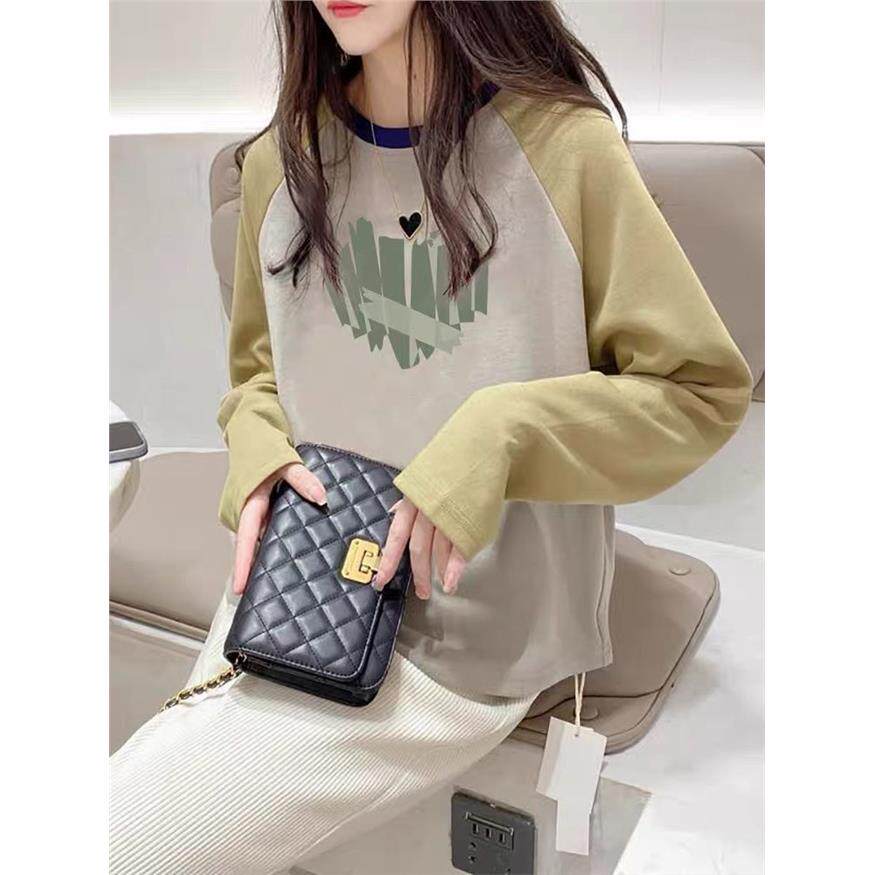 纯棉打底衫女2025新款早春内搭宽松大码拼色插肩长袖t恤趣味上衣