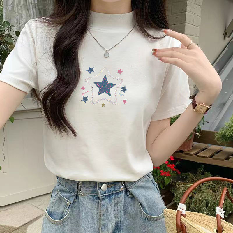 夏季2025新款女装中领体恤纯棉半高领短袖t恤女宽松百搭大码上衣