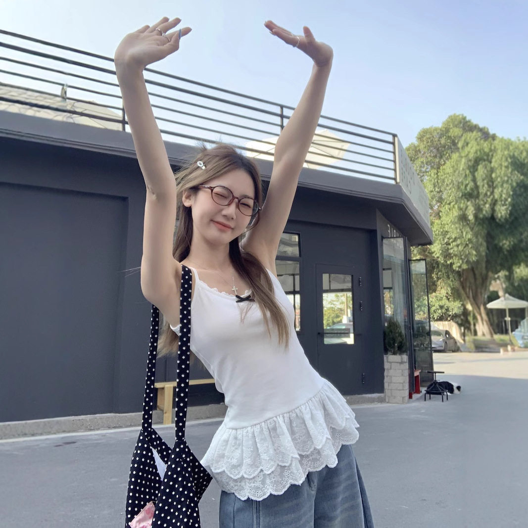 夏季新款甜辣妹蝴蝶结背心小吊带女春蕾丝花边下摆叠穿内搭上衣潮
