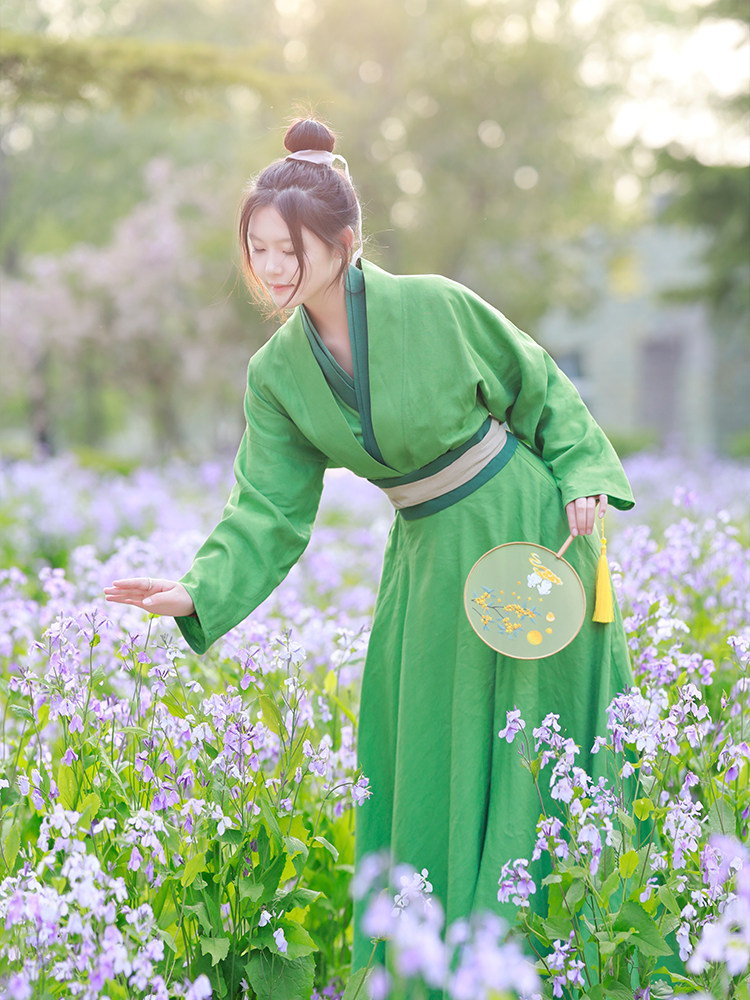 【田圜记】复古改良绿色汉服交领小衫套装棉麻半松紧高腰大摆裙子