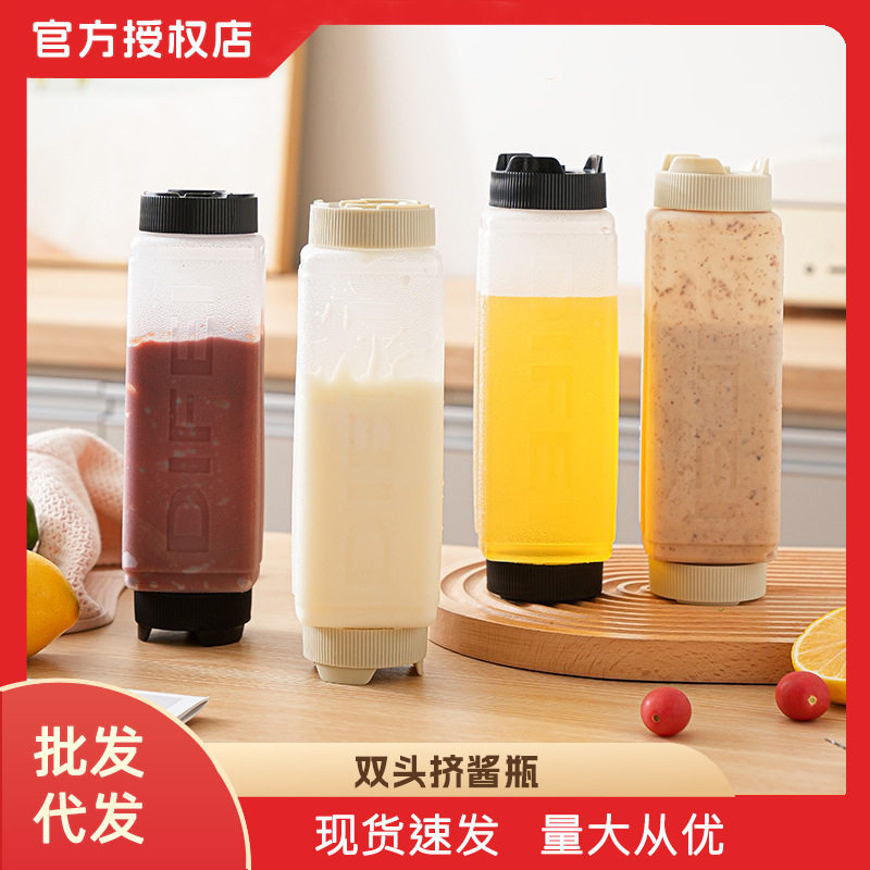 双头挤酱瓶食品级沙拉酱调料瓶黏状调料大口径分装酱料倒置挤压瓶图片