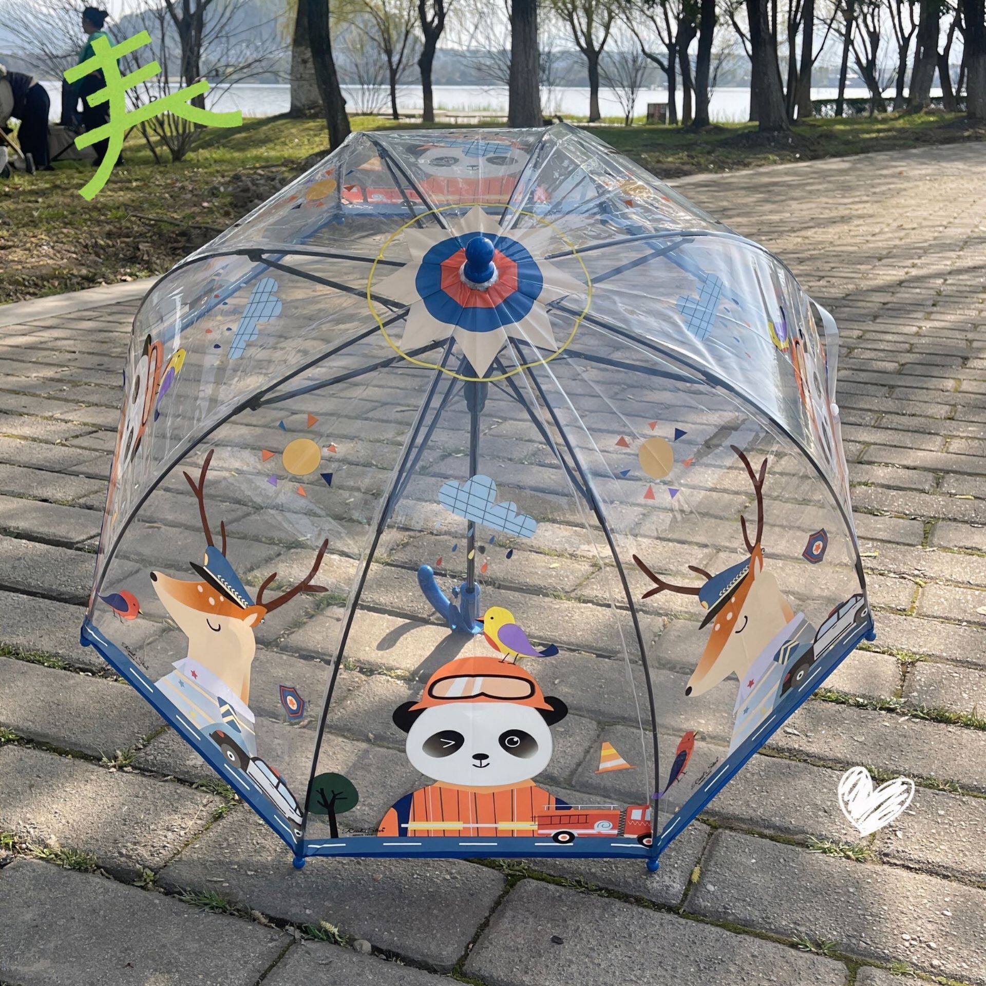 现货批发 大熊猫卡通儿童透明伞自设计彩绘插画伞19寸自动开雨伞