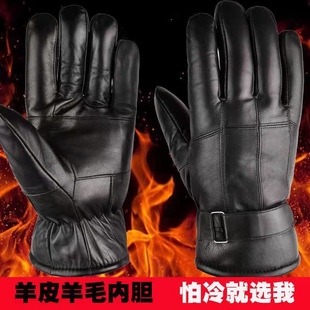 冬季 骑行保暖电动摩托车棉手套 开车羊皮毛一体真皮手套男加厚绒款