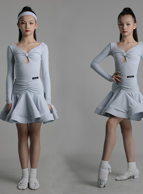 JINGONG秋冬新款儿童拉丁练功服长袖桃心领包臀鱼骨大摆裙表演服