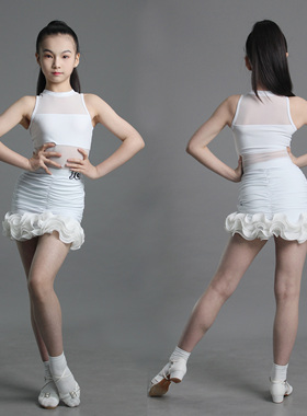 JINGONG春夏新款立领无袖包臀裙双层立体花边显瘦拉丁舞服女套装