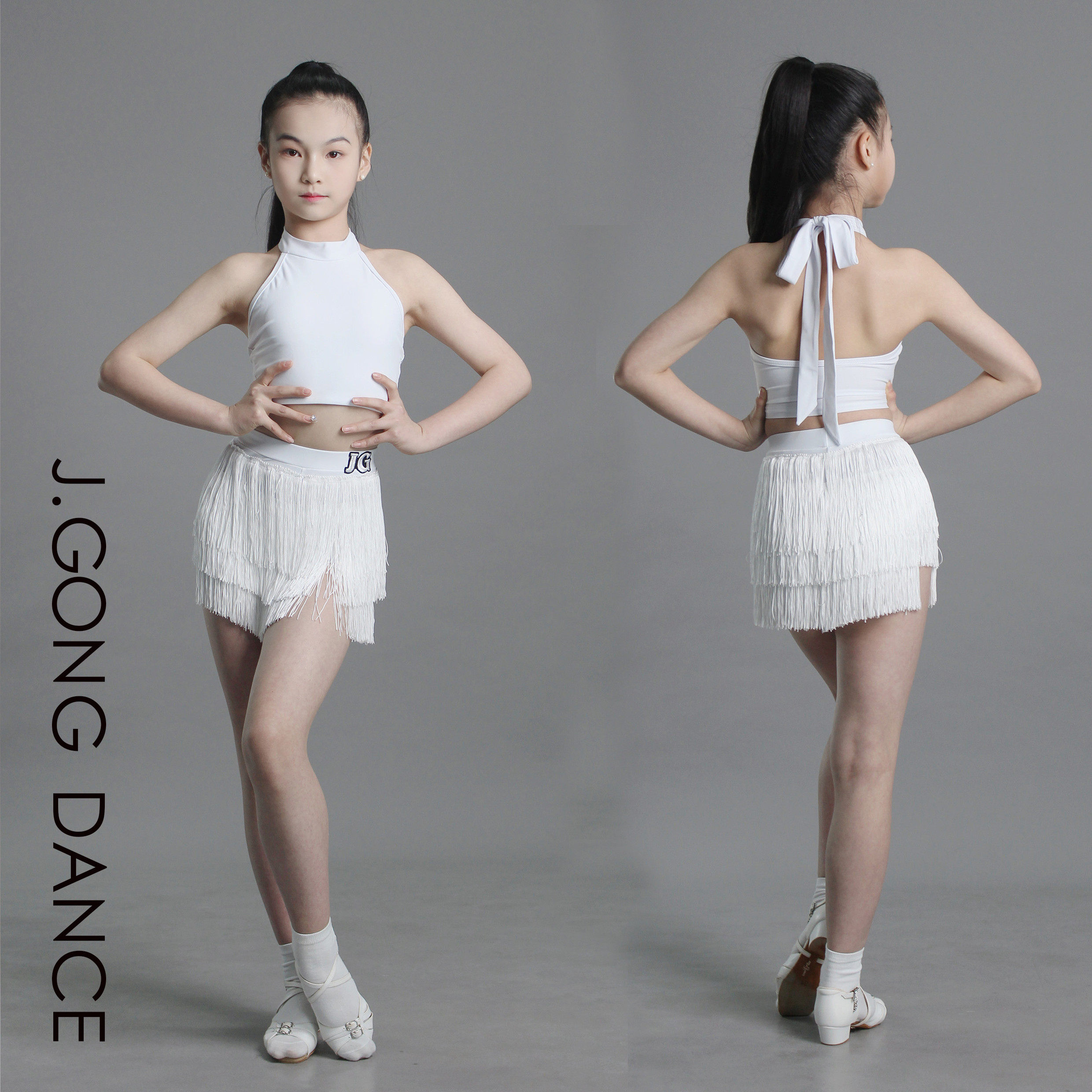 JINGONG白色流苏女拉丁流苏裙
