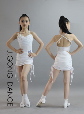 JINGONG春夏新款儿童拉丁舞服白色立体雪纺花荡领吊带抽绳包臀裙