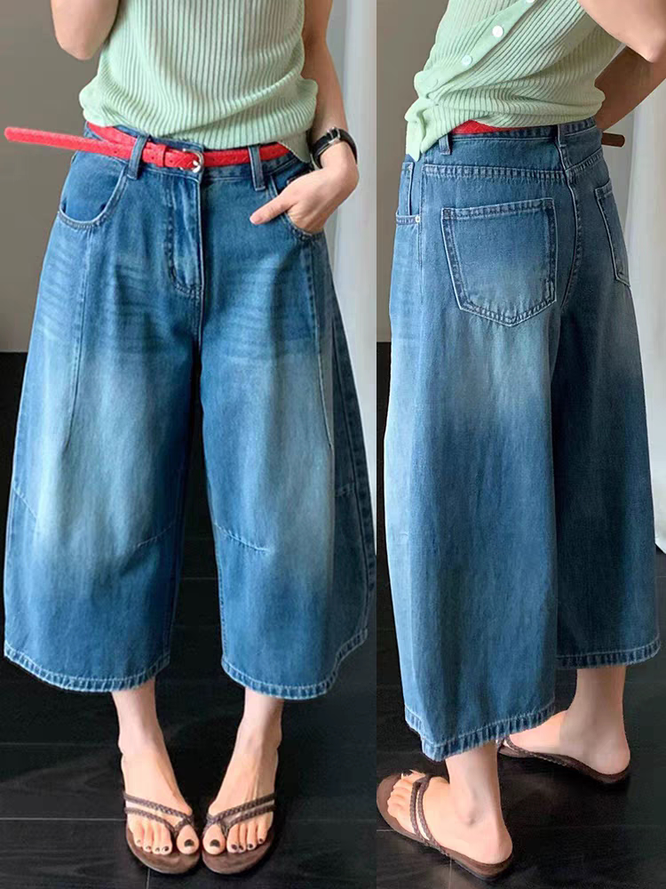 小个子友好！~水洗蓝调七八分牛仔裤女夏薄款天丝宽松阔腿弯刀裤