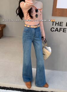 木辰实拍韩国货2026春季新款高弹微喇牛仔裤子女喇叭拖地长裤腰绳