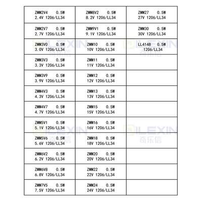 贴片稳压二极管包zmm全系列二极管本ll34/1206/0.5w样品册