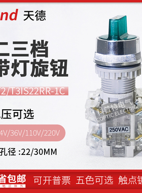 TEND天得二三档带灯旋钮T2IS27RR-1C选择自锁T3IS22RG-2C按钮开关