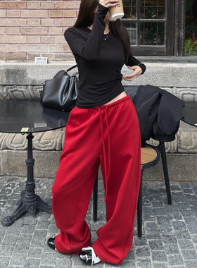 26ss新年圣诞节氛围感红色松紧腰加绒宽松韩版阔腿裤拖地裤长裤女