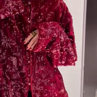 国风新中式 女 早春过年串门立领亮片刺绣红色薄棉宽松外套上衣全码