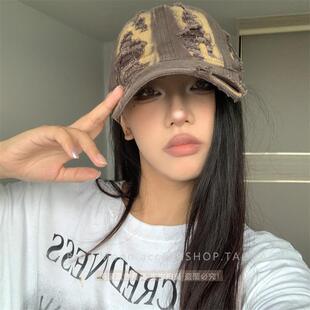 复古做旧破洞牛仔棒球帽女韩版百搭刺绣显脸小鸭舌帽子女男款潮